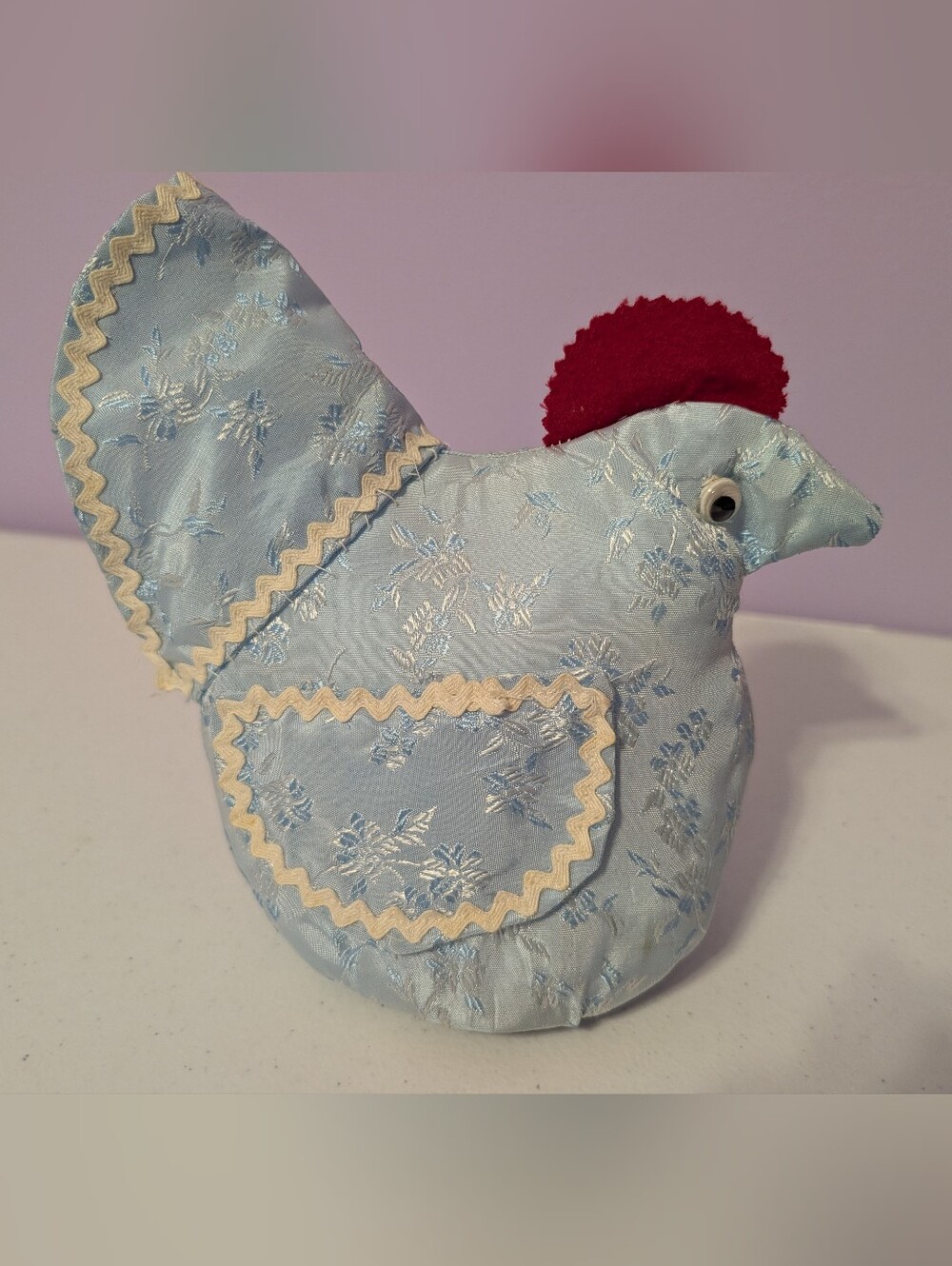 Vintage Handmade Blue Stuffed Rooster Rick Rack Cottage Core Chicken Farmhouse